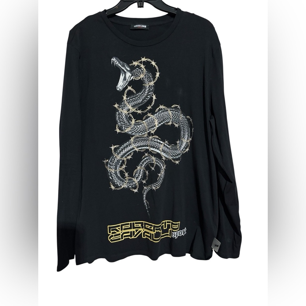 Roberto Cavalli black long sleeve shirt with silver snake design #luxuryfashion